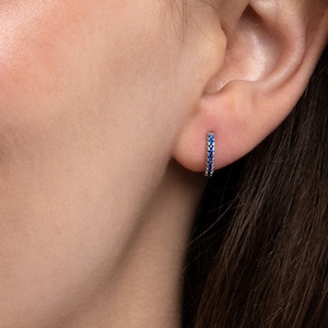 Small 925 Sterling Silver Hoop Earrings for Women and Girls, Dainty Hoops with Blue Cubic Zirconia Stones, Minimalist Huggie Hoop Earrings