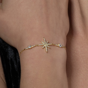 Adjustable Gold North Star Bracelet for Women, Slider Gold Chain Bracelet with Cubic Zirconia Stones, Gold Plated Bracelet for Women