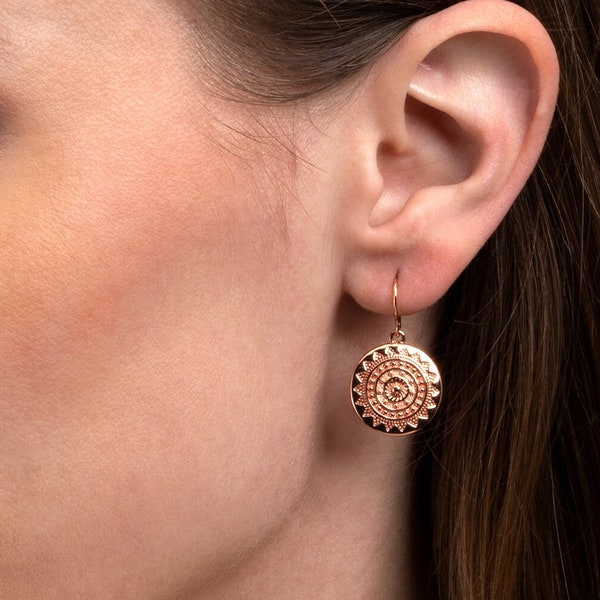 Rose Gold Plated Round Disc Mandala Earrings For Women, Dangly Earrings with Mandala Disc, Rose Gold plated Earrings with Mandala Disc Charm