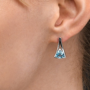 Sterling Silver Earrings with Natural Blue Topaz Gemstones For Women, Silver Stud Earrings With Semi-Precious Trillion Cut Blue Topaz Stones