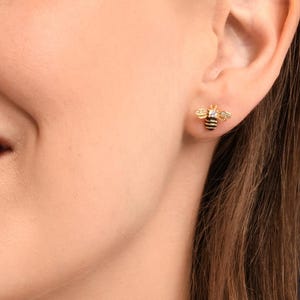 Gold Bee Earrings for Women, Gold Plated Bumble Bee Stud Earrings for Women, Bee Earrings in Gold with Cubic Zirconia and Black Enamel