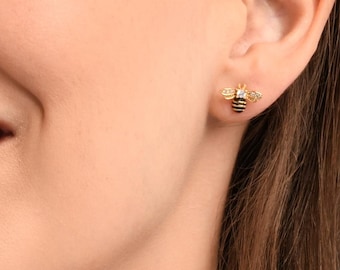 Gold Bee Earrings for Women, Gold Plated Bumble Bee Stud Earrings for Women, Bee Earrings in Gold with Cubic Zirconia and Black Enamel