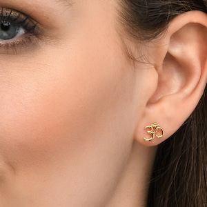 Gold Plated 925 Sterling Silver Divine OM Stud Earrings For Women, Dainty Gold Om Earrings For Girls, Spiritual Gold Plated Stud Earrings