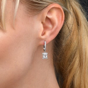 925 Sterling Silver Dangle Earrings with Emerald Cut Cubic Zirconia Stones For Women, Silver Hoop Earrings with Dangling Rectangle Charms