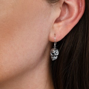 Sterling Silver Skull Dangle Earrings: Gothic Fishhook Earrings