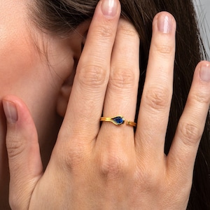 Adjustable Gold Open Ring for Women with a Pear-Shaped Blue Cubic Zirconia, Dainty Gold Plated Ladies Ring, Womens Gold Ring with blue stone