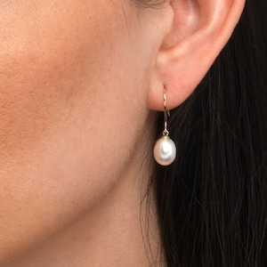 Pearl Drop Earrings with White Freshwater Drop Pearls in 9K Yellow or White Gold For Women, 9ct Gold Drop Earrings with Freshwater Pearls