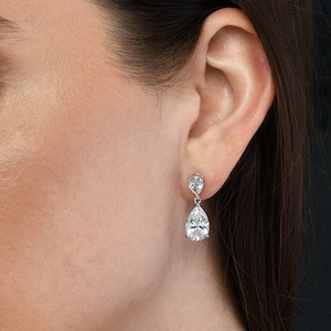 925 Sterling Silver Pear Drop Earrings with White Stones For Women, Silver Drop Earrings With 2 Pear Shaped Cubic Zorconia Stones for Girls image 1