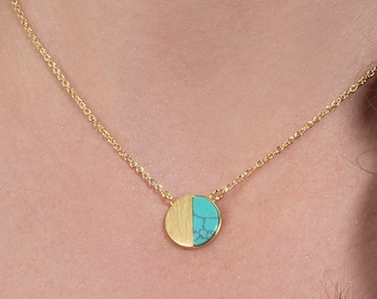 Gold Plated Turquoise Necklace for Women, Brushed Finish Pendant Necklace with Created Blue Turquoise, Gold Pendant Necklace for Women