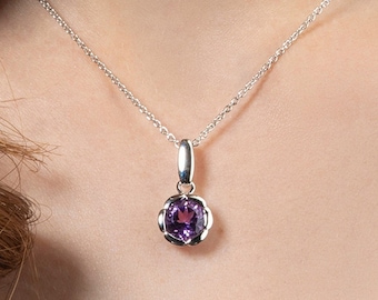 Sterling Silber Amethyst Halskette für Frauen, Natürliche Amethyst Anhänger Halskette, Silber Solitär Halskette mit einem runden Amethyst Edelstein