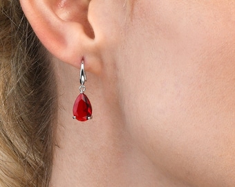 925 Sterling Silver Pear Drop Earrings With Red Cubic Zirconia Stones for Women,Silver Dangle Earrings with pear shaped Red Stones for Girls