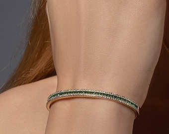 Gold Plated Bangle Bracelet for Women with Green & White Cubic Zirconia Stones, Gold Green Adjustable Open Cuff Bangle Bracelet for Women