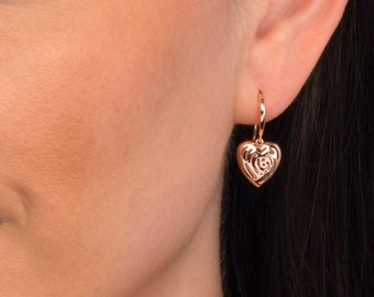 Rose Gold Dangle Heart Earrings in Rose Gold Plated 925 Sterling Silver, Cute Rose Gold Drop Earrings for Women and for Teenage Girls