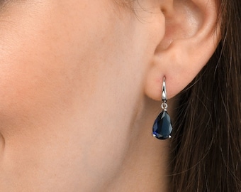 925 Sterling Silver Pear Drop Earrings With Blue Cubic Zirconia Stones for Women, Dangle Earrings with pear shaped Blue Stones In Silver