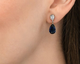 925 Sterling Silver Pear Shaped Drop Earrings For Women and Girls, Silver Teardrop Dangle Earrings With Blue & White Cubic Zirconia Stones