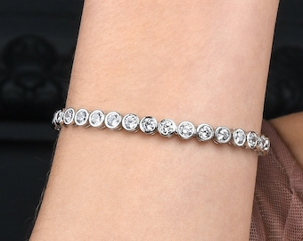 925 Sterling Silver Bezel Set Tennis Bracelet For Women With 4mm Cubic Zirconia, Ladies Bracelet With 4mm White Stones in Silver