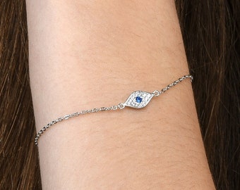 925 Sterling Silver Evil Eye Bracelet with Cubic Zirconia For Women, Dainty Evil Eye Bracelet with White and Blue Stones for Girls in Silver