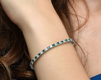 925 Sterling Silver Tennis Bracelet Green & White Cubic Zirconia For Women, Ladies Bracelet With 3mm Green And White Stones in Silver