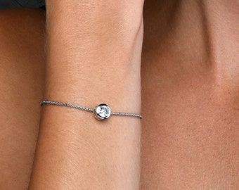 Simple Dainty Slider Bracelet for Women with a Single Bezel Set Round Cubic Zirconia Stone, Sparkly Silver Bracelet for Women and Teen Girls