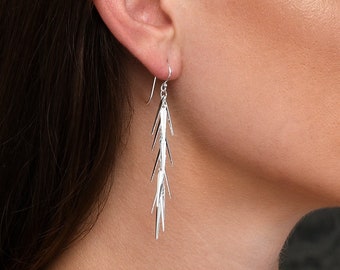 925 Sterling Silver Long Pine Dangle Earrings For Women, Pine Needle Silver long Drop Earrings For Girls, Long Silver Dangle Earrings