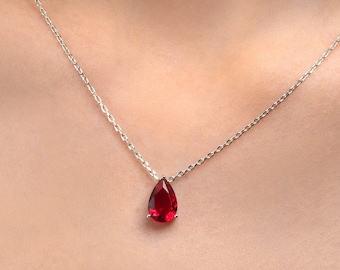 925 Sterling Silver Red Pear Drop Pendant Necklace For Women, Pendant Necklace in Silver with Pear-Shaped Red Stone For Girls