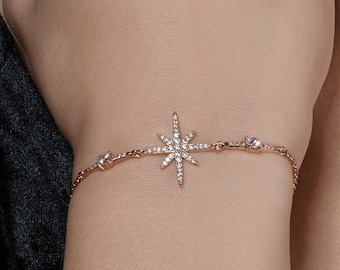 Adjustable Rose Gold North Star Bracelet for Women, Rose Gold Slider Bracelet with Cubic Zirconia Stones, Rose Gold Bolo Bracelet for Women