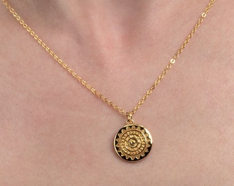 Gold Plated Round Disc Mandala Necklace For Women, Gold Necklace with Round Disc Mandala Pendant, Dainty Necklace with Shiny Mandala Pendant