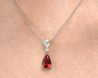 Red Pear Shaped 925 Sterling Silver Drop Pendant Necklace For Women,Drop Necklace With 2 Pear Shaped Ruby Red & White Cubic Zirconia Stones