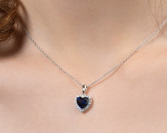 925 Sterling Silver Blue Heart Necklace For Women, Silver Pendant with Heart Shaped Sapphire Blue Stone and White Cubic Zirconia Stones