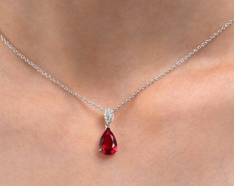 925 Sterling Silver Red Teardrop Pendant Necklace For Women, Silver Pendant With Pear-shaped Ruby Red Stone & White Cubic Zirconia For Girls