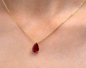 Gold Plated Silver Red Pear Drop Pendant Necklace For Women, Gold Plated Necklace in Sterling Silver with Pear-Shaped Red Stone For Girls