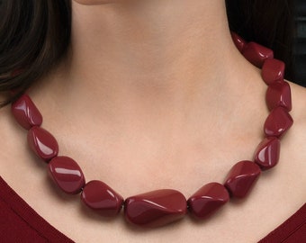 22 inch Long Burgundy Statement Necklace for Women, Handmade Chunky Necklace for Women in Maroon Burgundy Resin, Bohemian Costume Jewellery