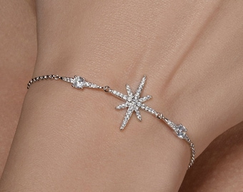 Adjustable North Star Bracelet for Women, Slider Bracelet for Women with Cubic Zirconia Stones, Silver Star Bolo Bracelet for Women