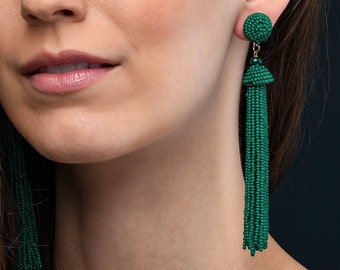 Long Tassel Earrings for Women, Boho Chic Green Dangle Earrings for Women, Green Tassel Earrings with Green Coloured Beads for Girls