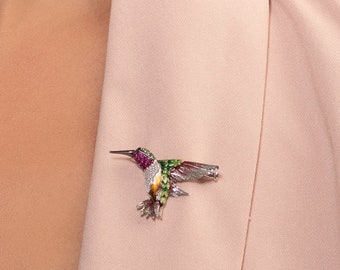 925 Sterling Silver Hummingbird Brooch For Women, Ladies Brooch With Colourful Emamel & Cubic Zirconia stones in Sterling Silver