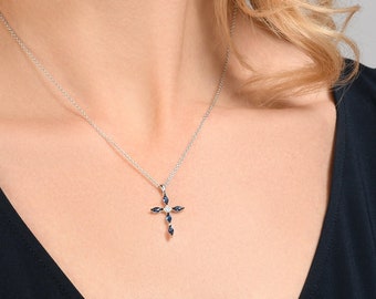 925 Sterling Silver Blue Cross Pendant Necklaces for Women,Silver Pendant With Marquise shaped Sapphire Blue Stones and White Cubic Zirconia