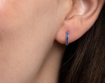 Small 925 Sterling Silver Hoop Earrings for Women and Girls, Dainty Hoops with Blue Cubic Zirconia Stones, Minimalist Huggie Hoop Earrings