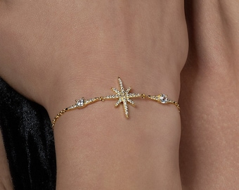Adjustable Gold North Star Bracelet for Women, Slider Gold Chain Bracelet with Cubic Zirconia Stones, Gold Plated Bracelet for Women