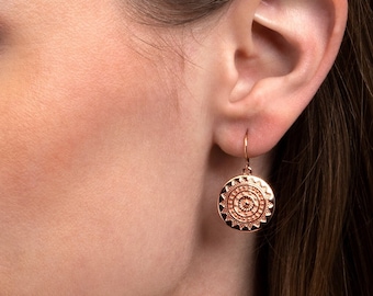 Rose Gold Plated Round Disc Mandala Earrings For Women, Dangly Earrings with Mandala Disc, Rose Gold plated Earrings with Mandala Disc Charm