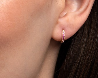 Small Pink Gold Hoop Earrings for Women and Teen Girls, Dainty Gold Hoops with Pink Cubic Zirconia Stones, Minimalist Huggie Hoop Earrings