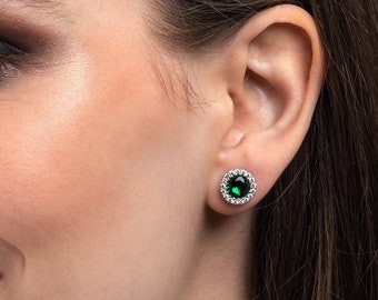 925 Sterling Silver Round Green Halo Stud Earrings For Women, Green Earrings in Silver with Cubic Zirconia, Halo Earrings with Green Stones