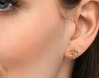 Gold Plated 925 Sterling Silver Divine OM Stud Earrings For Women, Dainty Gold Om Earrings For Girls, Spiritual Gold Plated Stud Earrings