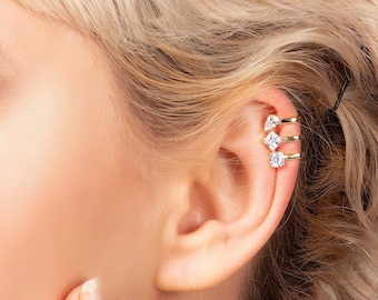 Gold Ear Cuffs in 18 Carat Gold Plated with Cubic Zirconia Gemstones, Gold Cuff Earrings with Stones No Piercing