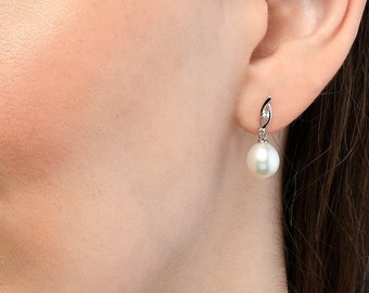 925 Sterling Silver Pearl Drop Earrings with Freshwater Pearl & Cubic Zirconia For Women and Girls, Dangle Pearl Earrings in Silver