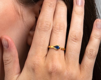 Adjustable Gold Open Ring for Women with a Pear-Shaped Blue Cubic Zirconia, Dainty Gold Plated Ladies Ring, Womens Gold Ring with blue stone