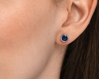 925 Sterling Silver Dark Blue Solitaire Stud Earrings for Women, Single Stone Bezel Set Silver Studs with Sapphire Blue Cubic Zirconia
