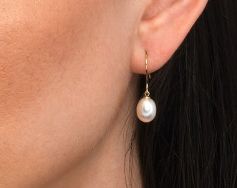 Pearl Drop Earrings with White Freshwater Drop Pearls in 9K Yellow or White Gold For Women, 9ct Gold Drop Earrings with Freshwater Pearls