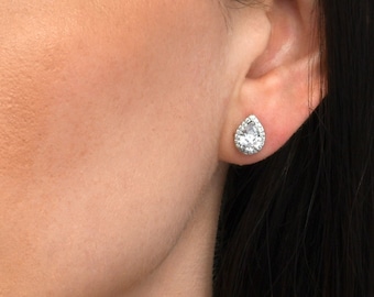 Orecchini a bottone con alone a forma di pera in argento sterling 925 per donna, orecchini con alone con pietre di zirconia cubica bianca, orecchini a bottone con alone in argento per ragazza