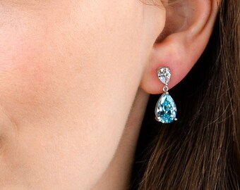 Pendientes colgantes de plata de ley 925 en azul claro para mujer, con dos piedras en forma de pera en azul cielo y blanco para niña.