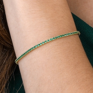Gold plated 925 Sterling Silver Tennis Bracelet With Green Stones for Women, Gold Ladies Skinny Bracelet with Green Cubic Zirconia Stones